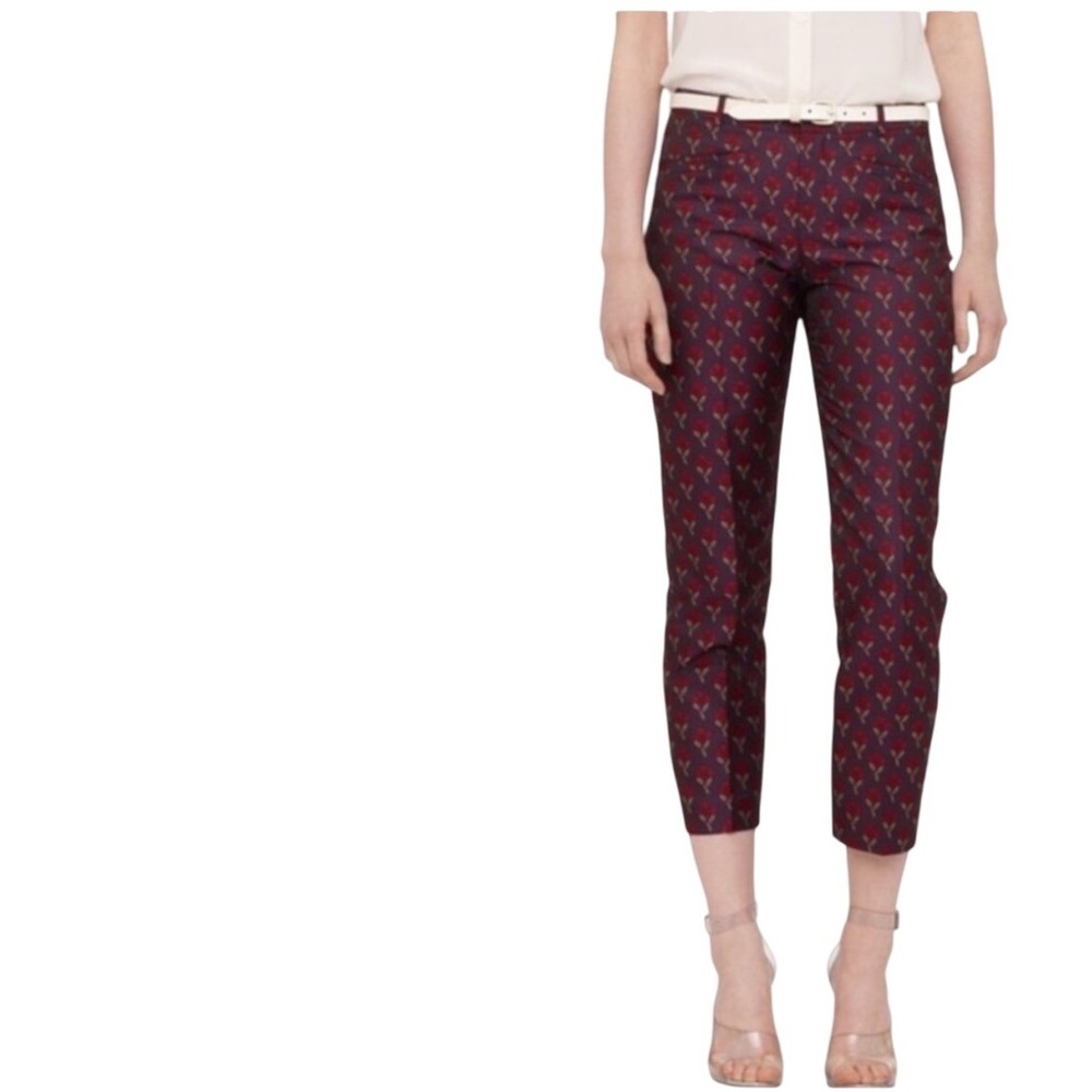Club Monaco Red Burgundy Floral Brocade Jacquard Cropped Pants 2